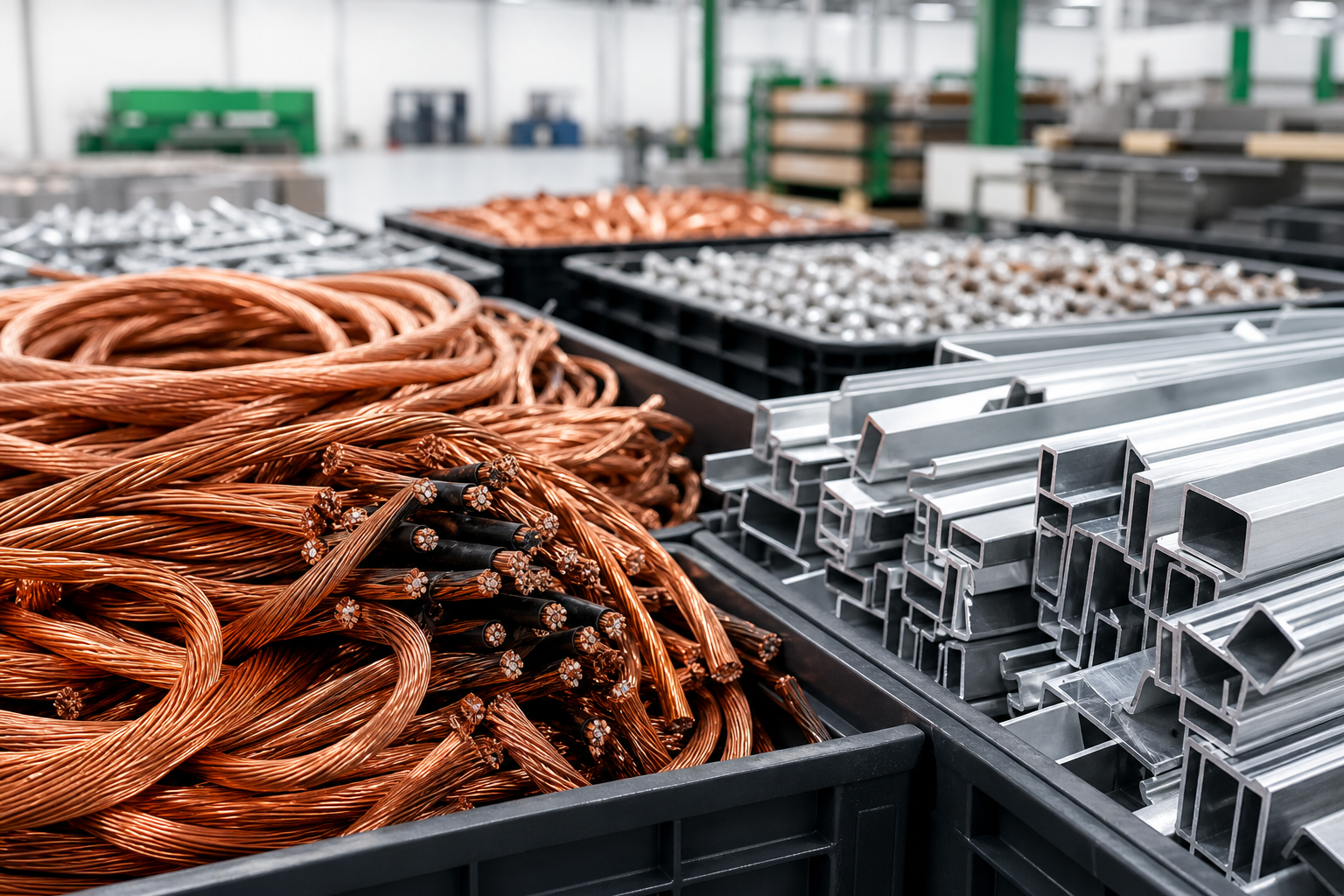 Sorted copper cable scrap and aluminium profiles in a clean warehouse