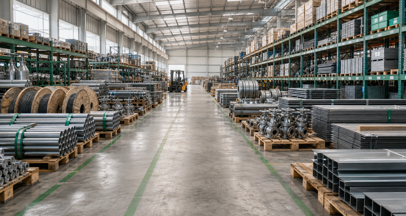 Organized warehouse surplus materials with pipes, valves, and fittings