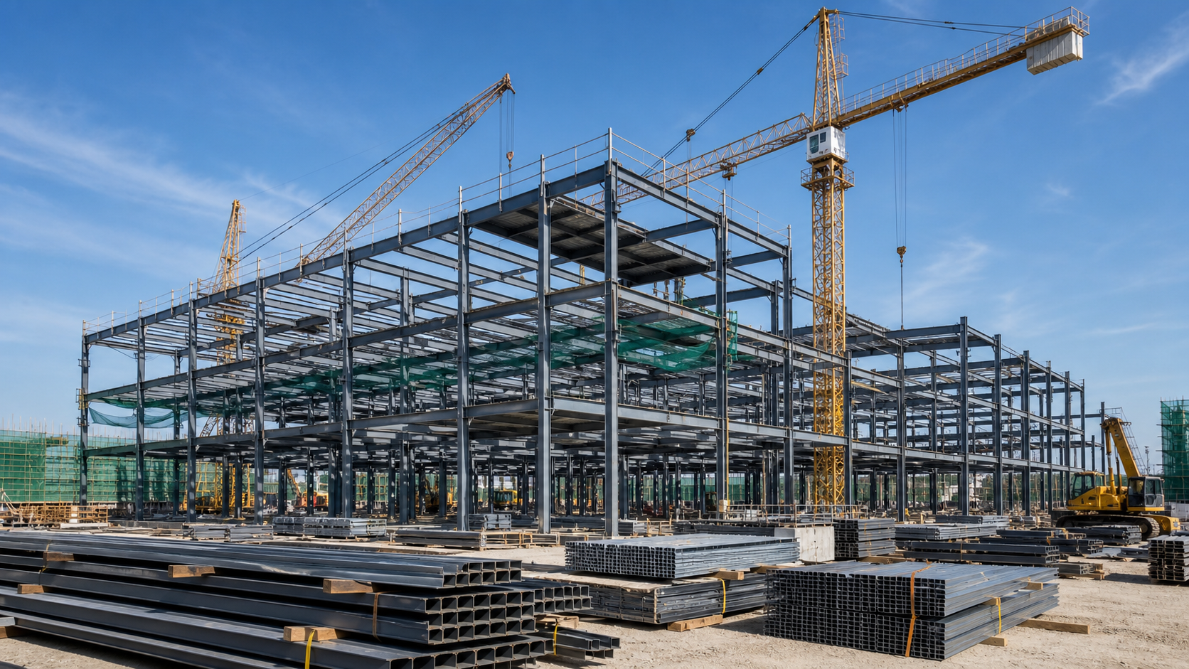 Construction site with steel frame and cranes