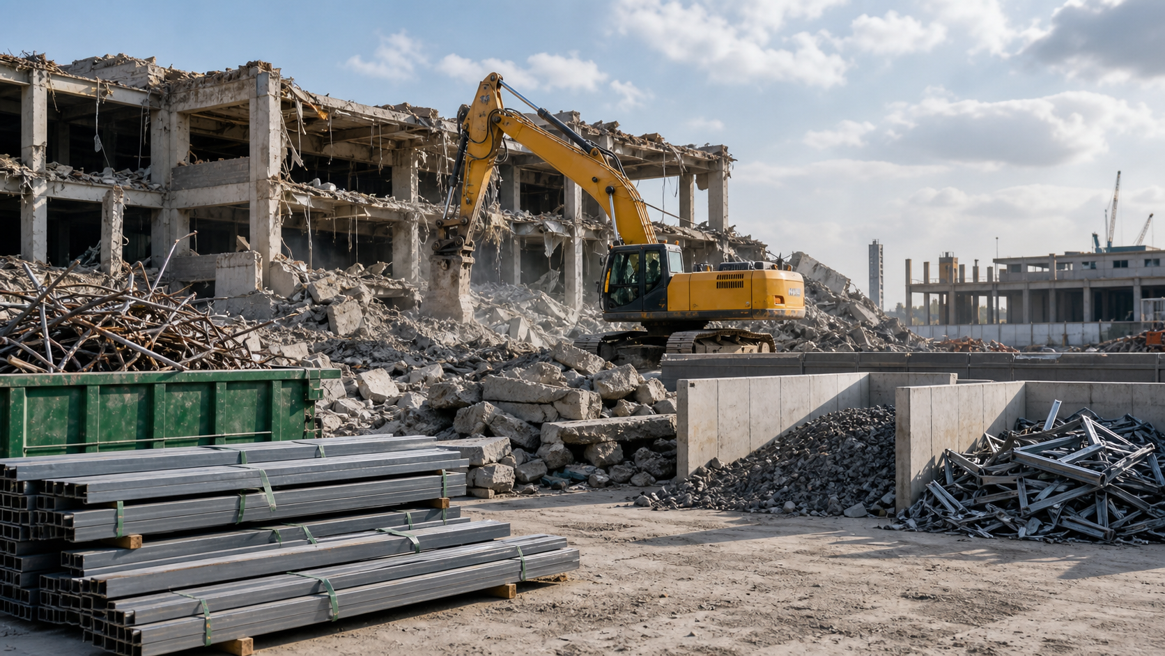 Controlled demolition site with excavator and recovered materials
