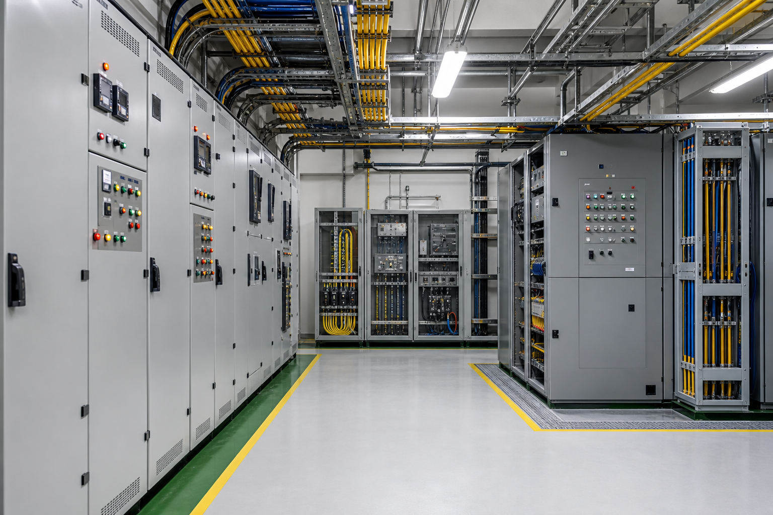 Industrial electrical panel room with organized wiring