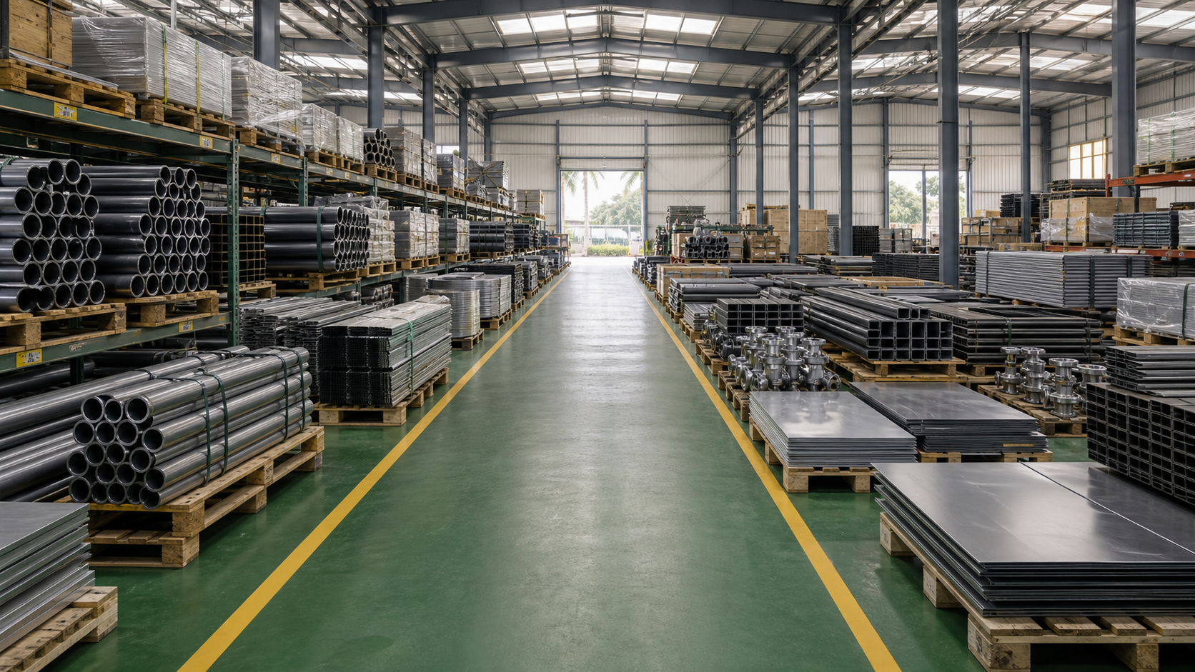 Organized industrial material stock yard with pipes and beams