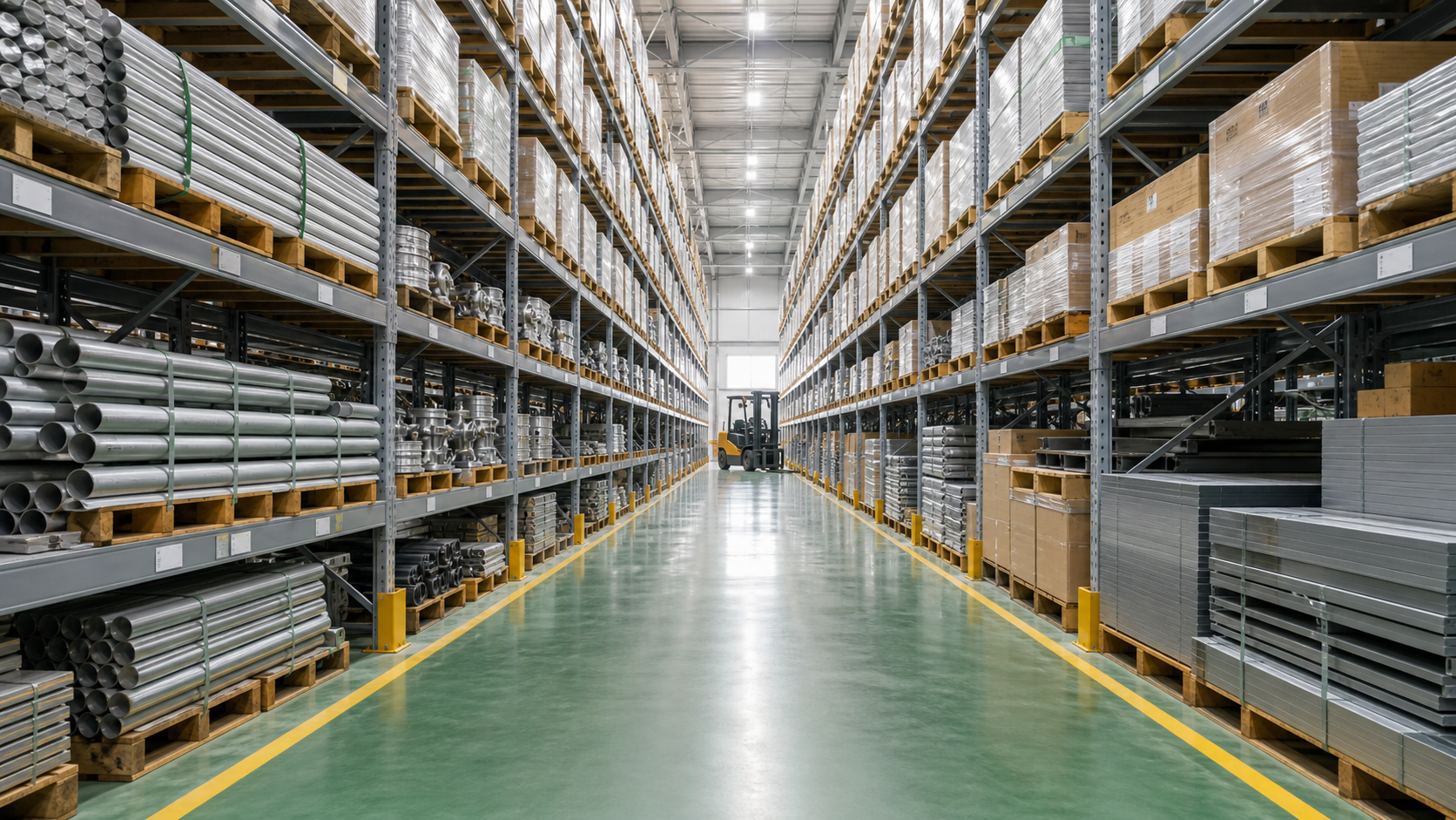 Organized warehouse aisle with pallets and industrial stock