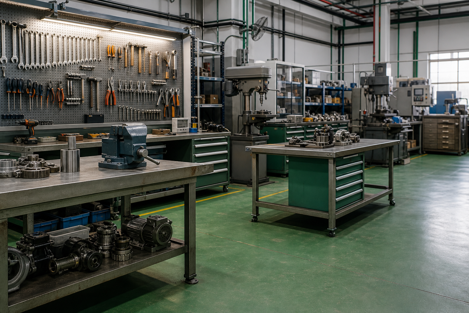 Clean industrial workshop with tools and workbenches